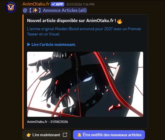 Exemple réel d’un article AnimOtaku partagé par le bot sur Discord